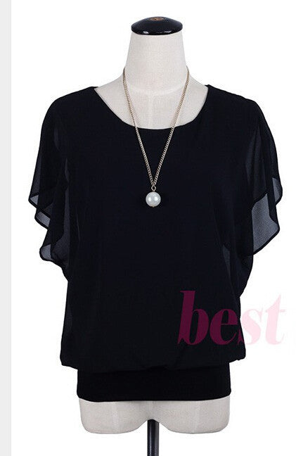 Womens Tops Fashion Women Summer Chiffon Blouse Plus Size Ruffle Batwing Short Sleeve Casual Shirt Black White Red Blue-Dollar Bargains Online Shopping Australia