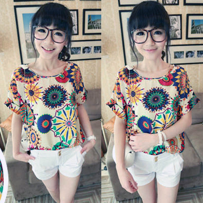 Women Lady Batwing Chiffon Polyester T-Shirt Casual Printed Shirts-Dollar Bargains Online Shopping Australia