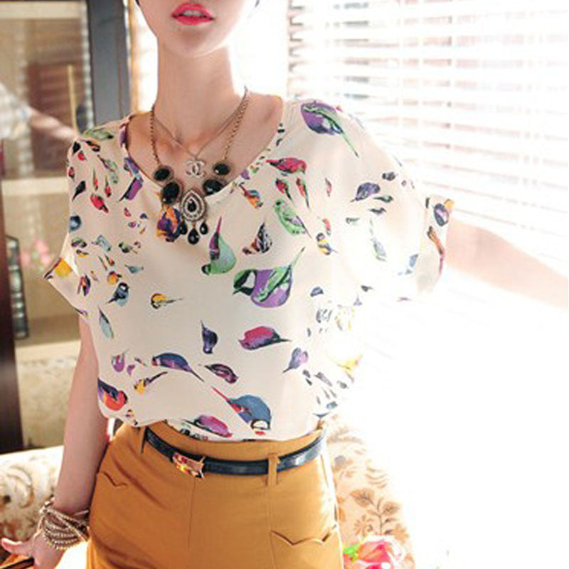 Women Lady Batwing Chiffon Polyester T-Shirt Casual Printed Shirts-Dollar Bargains Online Shopping Australia