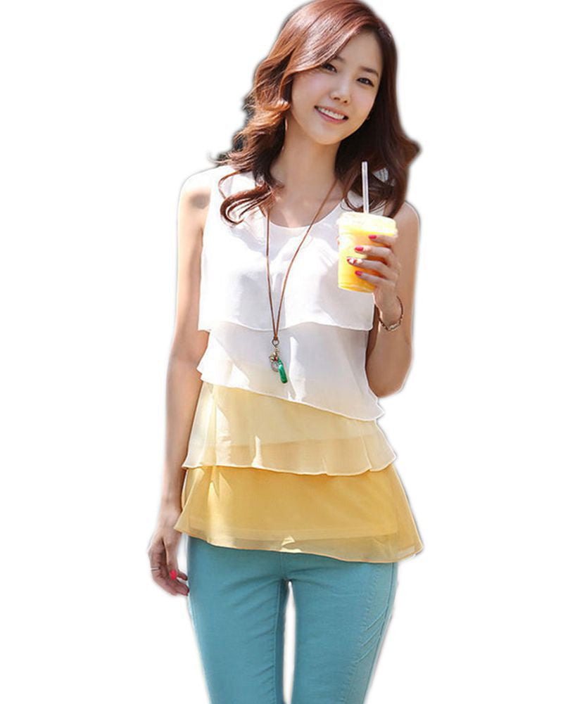 NEW Multi-Colors Blouse Shirts for Spring Summer Style Flounce Tiered Tops Round Neck Sleeveless Shirt #10-Dollar Bargains Online Shopping Australia