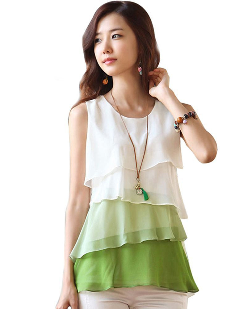 NEW Multi-Colors Blouse Shirts for Spring Summer Style Flounce Tiered Tops Round Neck Sleeveless Shirt #10-Dollar Bargains Online Shopping Australia