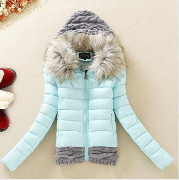 Women Winter Coat Cotton Padded Jacket Short Knitted Hood Fur Collar Womens Winter Jackets and Coats-Dollar Bargains Online Shopping Australia