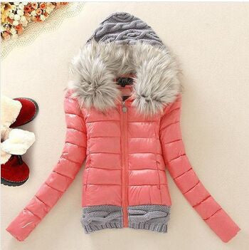 Women Winter Coat Cotton Padded Jacket Short Knitted Hood Fur Collar Womens Winter Jackets and Coats-Dollar Bargains Online Shopping Australia