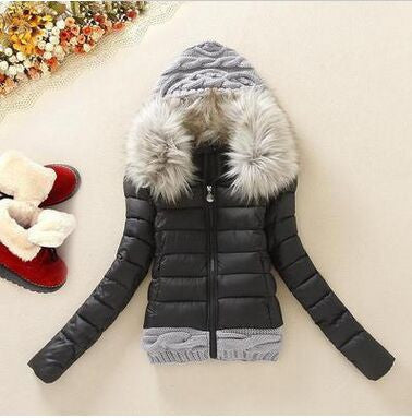 Women Winter Coat Cotton Padded Jacket Short Knitted Hood Fur Collar Womens Winter Jackets and Coats-Dollar Bargains Online Shopping Australia