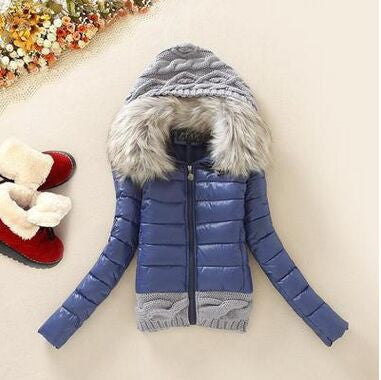 Women Winter Coat Cotton Padded Jacket Short Knitted Hood Fur Collar Womens Winter Jackets and Coats-Dollar Bargains Online Shopping Australia