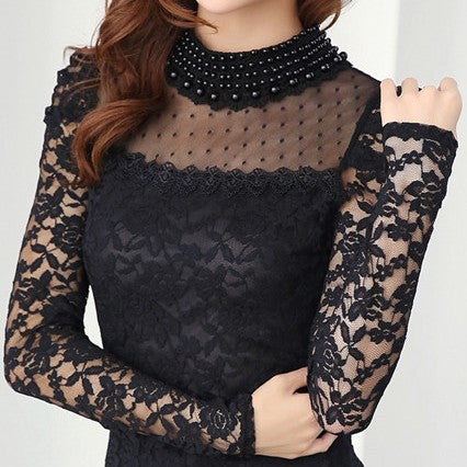 Plus size M-XXL Blouse fashion Women's Stand Pearl Collar Lace Crochet Blouses Shirts Long Sleeve Sexy Tops For Women-Dollar Bargains Online Shopping Australia