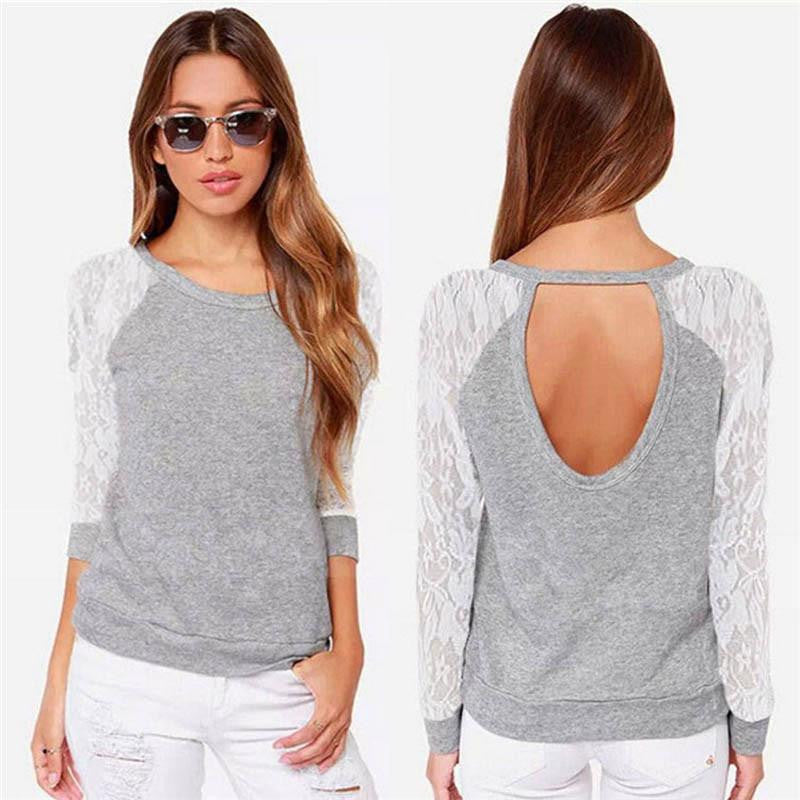 Woman shirt Women Lace Long Sleeve T Shirt O Neck Back Hollow Patchwork Shirts Tee Tops