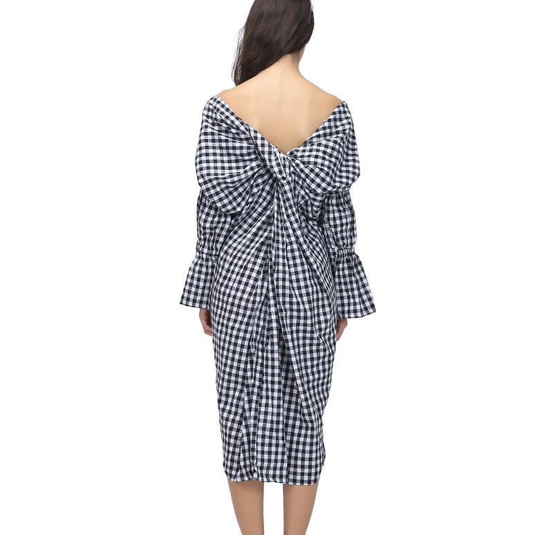 Summer V Neck Back Knot Long Sex Dress Women Plaid Clothing Fashion