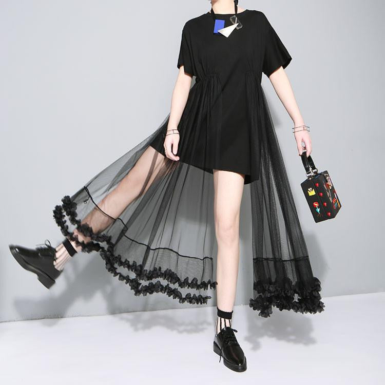 Summer t shirt stitching lace gauze dress women clothing fashion black white