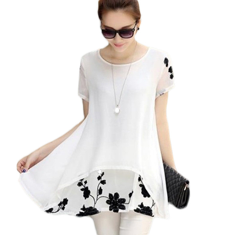 Plus Size 5XL Chiffon Blouse Women Clothing Loose Short Sleeve Embroidery Flower Print Patchwork Tops D53558