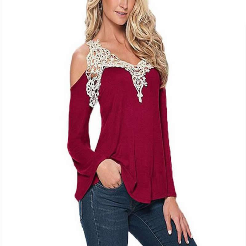 Women Blouse Casual Cotton Off Shoulder V Neck Shirt Ladies Long Sleeve Lace Patchwork Plus Size Tee Top