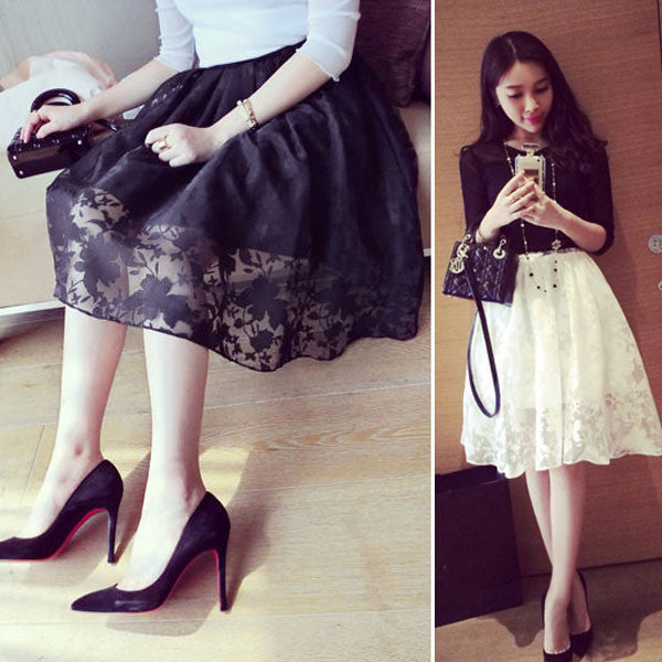 Retail Ladies Women Double Layer Skirts Flower Print Lace Party Elastic Waist Skirt