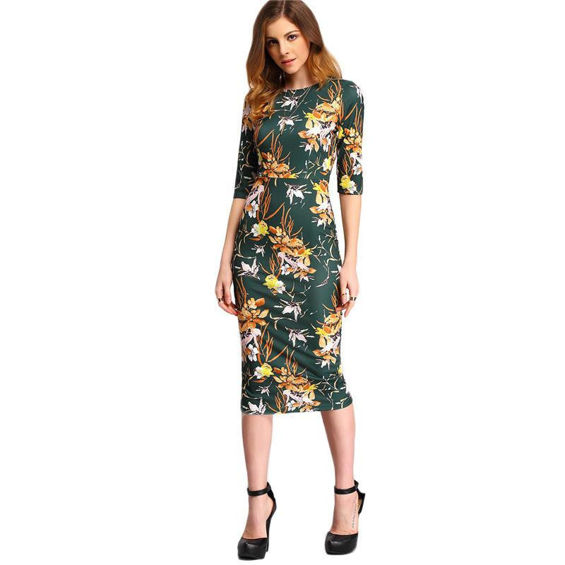 Womens Autumn Dress Bodycon Dresses Vintage Spring Summer Office Green Mock Neck Floral Pencil Midi Dress