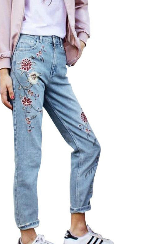 Online discount shop Australia - Flower embroidery jeans female Light blue casual pants capris autumn winter Pockets straight jeans women bottom