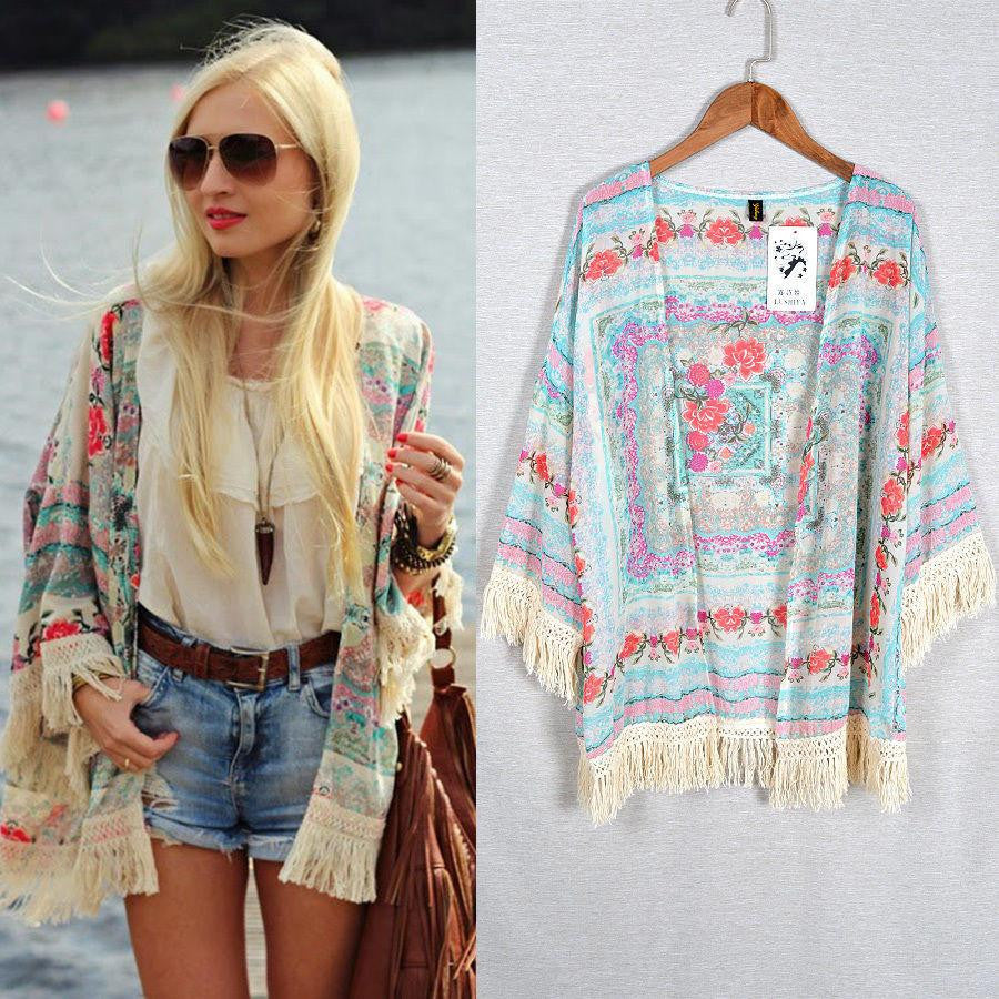 Women Vintage Floral Loose Shawl Cardigan Boho Chiffon Coat Jacket Blouse