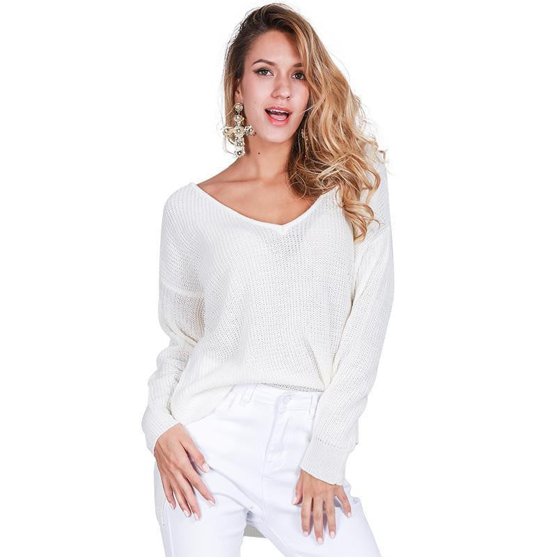 v neck split knitted sweater Women black long sleeve pullovers knitwear white jumper pull