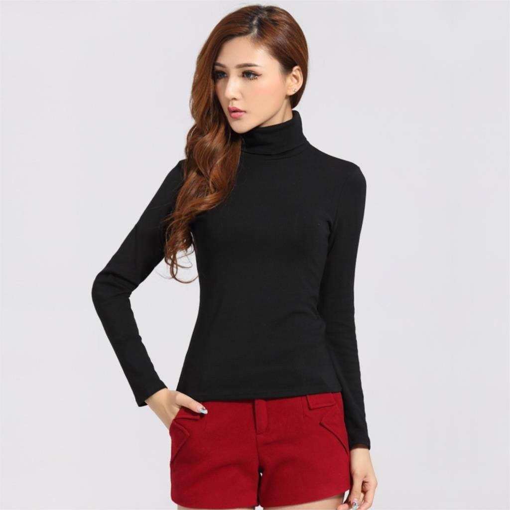 Women Turtle Neck T Shirts Long Sleeve High Neck Warm Top Milk Silk Base Shirt Solid Color