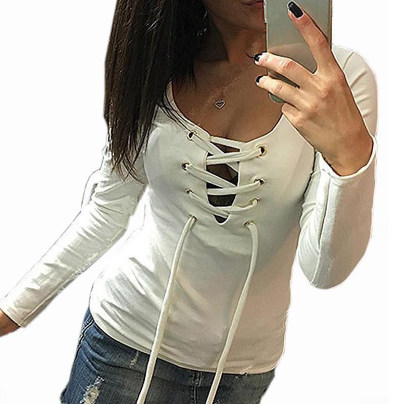 Deep V Neck Bandage Lace Up T-shirt Fashion Trending Women Party Tops Tees Long Sleeve Slim Tshirts LX068