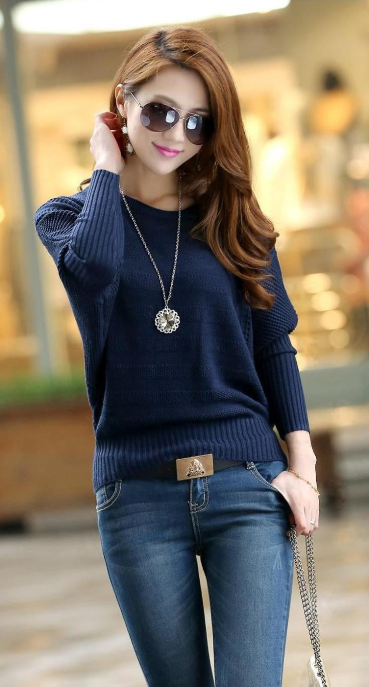 Fashion Women Solid Hollow Out Batwing Sleeve Sweater Casual Loose Kni