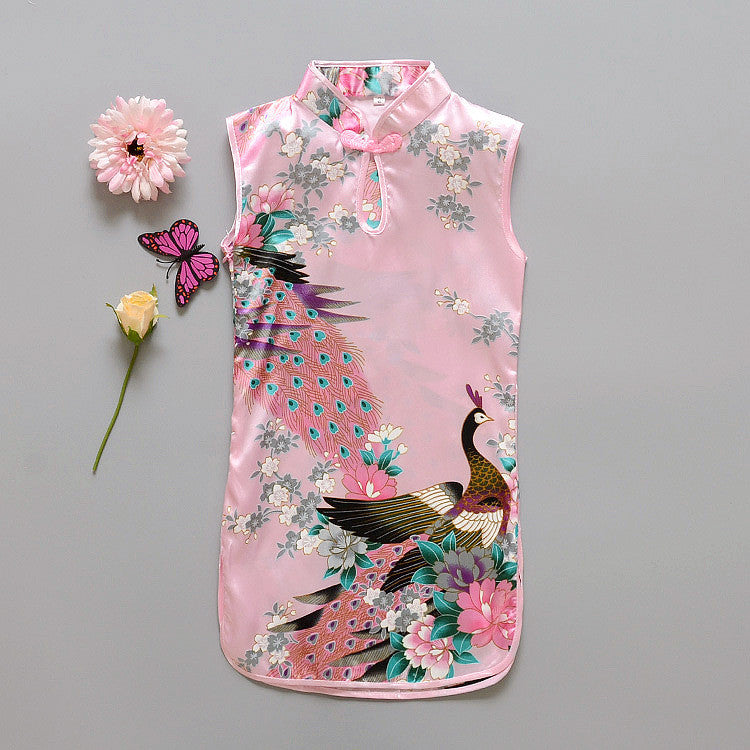 Fashion Chinese Style Flower Birds Cotton Children's Cloth Kids Qipao Dress Sleeveless Summer Girl's Dress - CelebritystyleFashion.com.au online clothing shop australia