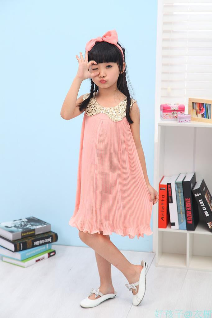 Summer Girls Pleated Chiffon One Piece Dress With Paillette Collar Children Colthes For Kids Baby Pink Green