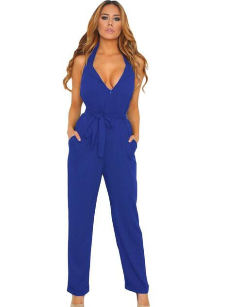 Jumpsuit Long Pants Women Rompers Sleeveless 2XL V-neck Belt Solid Sex