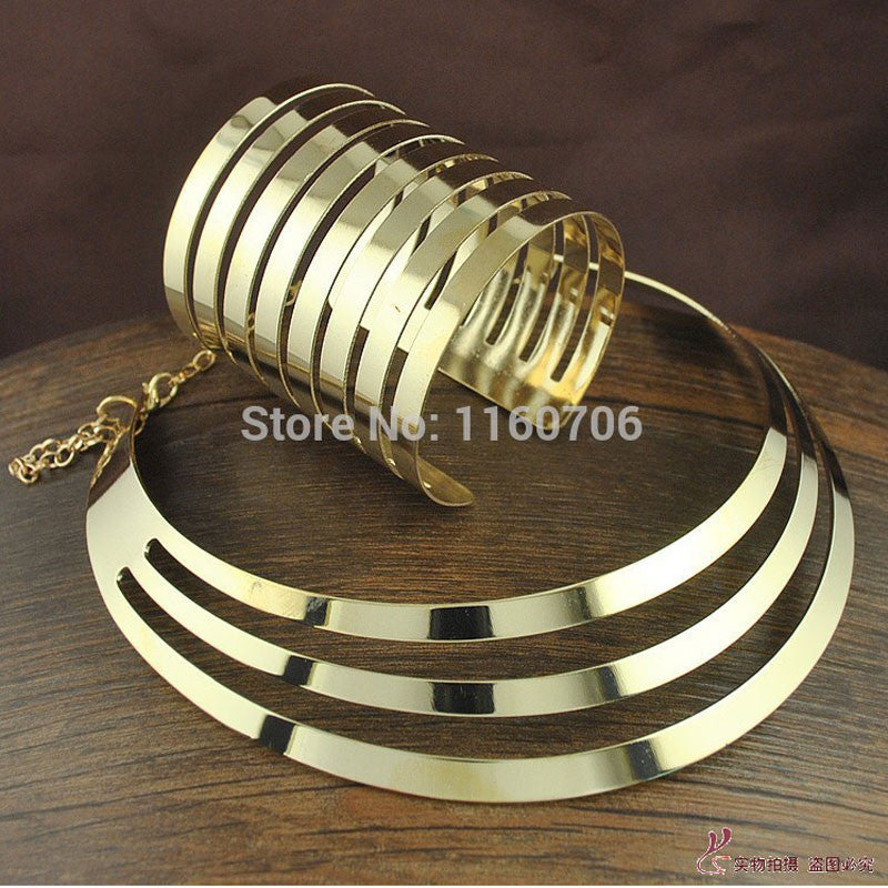 New Trendy Gold Plated Torques Opened Cuff Bracelet Bangles Necklace Sets Women Party Statement Jewelry Set - CelebritystyleFashion.com.au online clothing shop australia