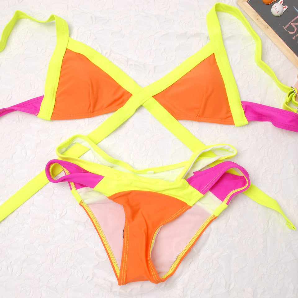 Neon Split Bikini With Contrast Stitching Swimsuit - BikiniOmni