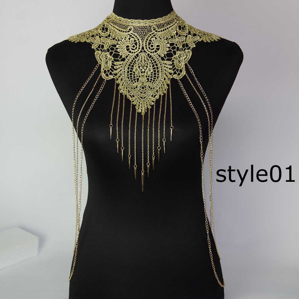 Lace Body chain Women Flower Collar Choker Gold Body Chains Hollow out Gothic Big body Necklace Multilayer Party Jewelry - CelebritystyleFashion.com.au online clothing shop australia