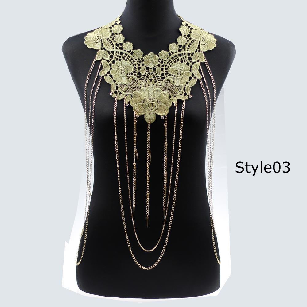 Lace Body chain Women Flower Collar Choker Gold Body Chains Hollow out Gothic Big body Necklace Multilayer Party Jewelry - CelebritystyleFashion.com.au online clothing shop australia