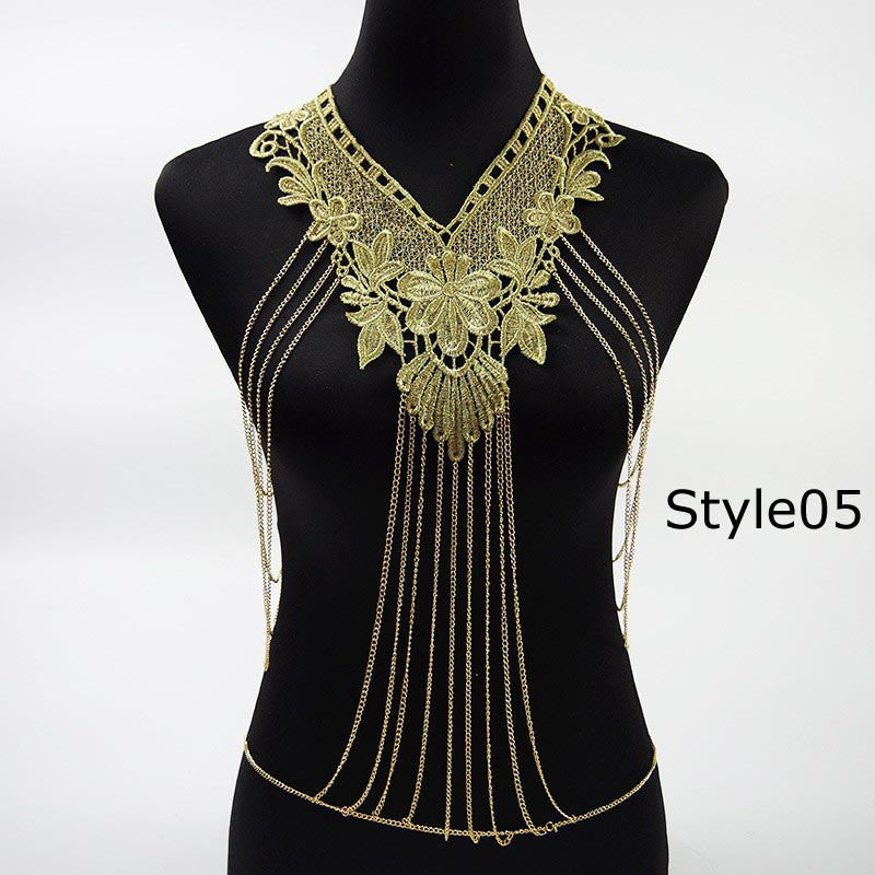 Lace Body chain Women Flower Collar Choker Gold Body Chains Hollow out Gothic Big body Necklace Multilayer Party Jewelry - CelebritystyleFashion.com.au online clothing shop australia