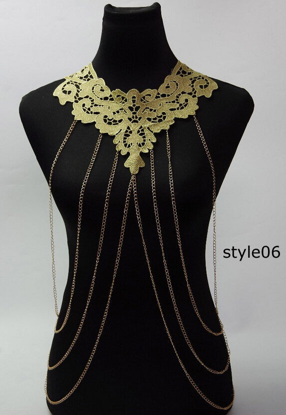 Lace Body chain Women Flower Collar Choker Gold Body Chains Hollow out Gothic Big body Necklace Multilayer Party Jewelry - CelebritystyleFashion.com.au online clothing shop australia