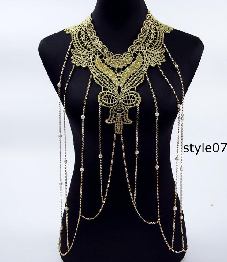 Lace Body chain Women Flower Collar Choker Gold Body Chains Hollow out Gothic Big body Necklace Multilayer Party Jewelry - CelebritystyleFashion.com.au online clothing shop australia