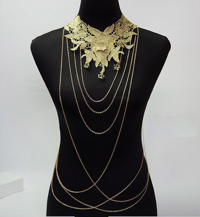 Lace Body chain Women Flower Collar Choker Gold Body Chains Hollow out Gothic Big body Necklace Multilayer Party Jewelry