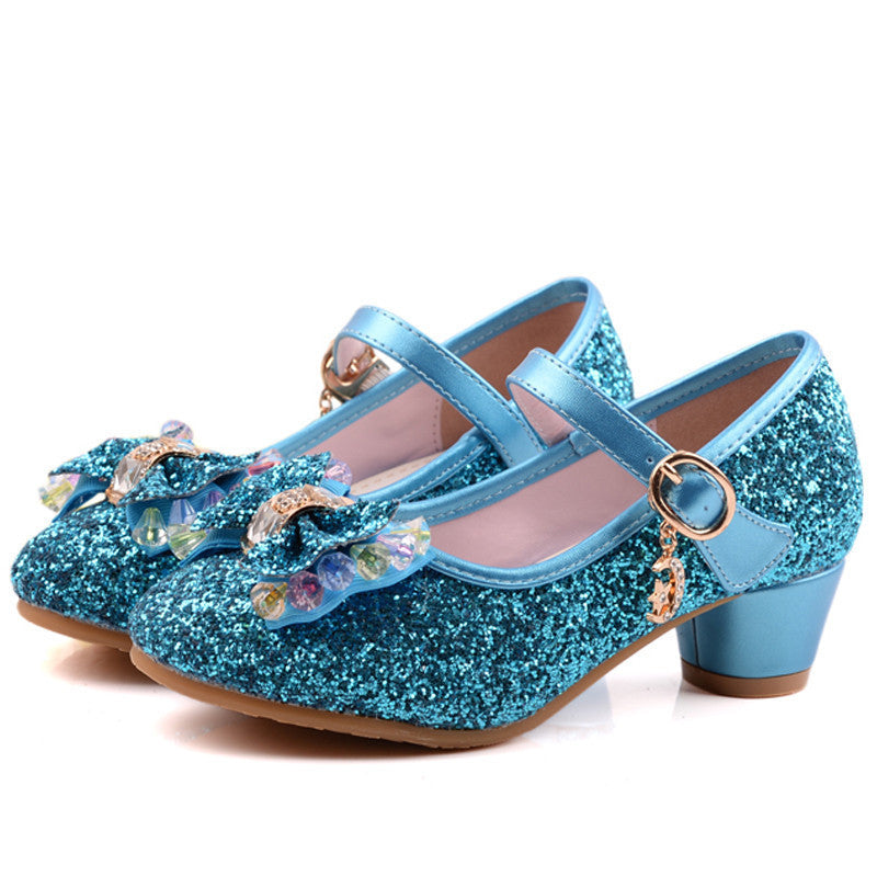 Spring Kids Girls High Heels For Party Sequined Cloth Blue Pink Shoes