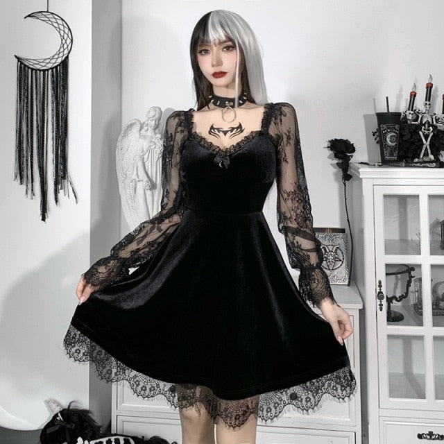 Y2K Long Sleeve Black Mini Dress - Grunge Aesthetic - Y2kaesthetic