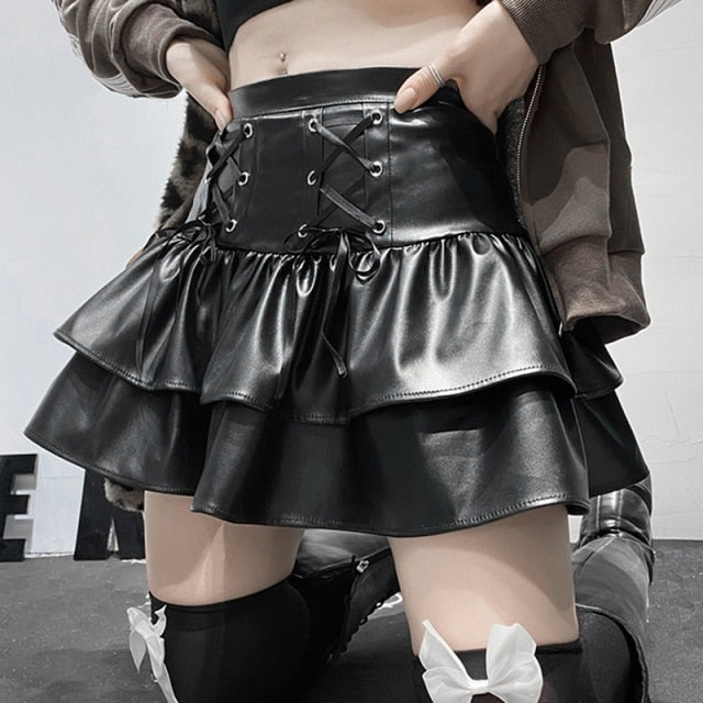 Gothic Black Mini Skirt With Flare Pants For Women