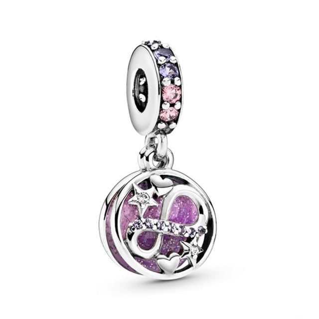 925 Sterling Silver Pendant Romantic Pink Love Purple Birthstone Fit Original Pandora Bracelet for Women