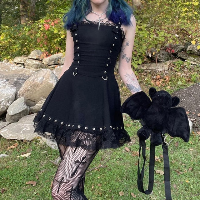 Grunge Gothic Black Mini Dress Lace Trim High Waist Bodycon Dress Y2K