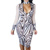 Long Sleeve Mesh Printed Bandage Stretch Party Dress - 