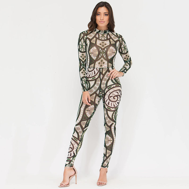 Playsuit Club Tribal Tattoo Sheer Mesh Print Jumpsuit - CELEBRITYSTYLEFASHION.COM.AU - 2