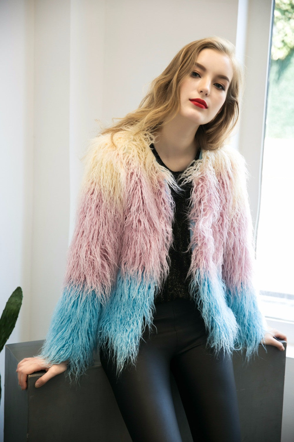 Luxury Faux Fur Coat Mix Color Shaggy Jacket