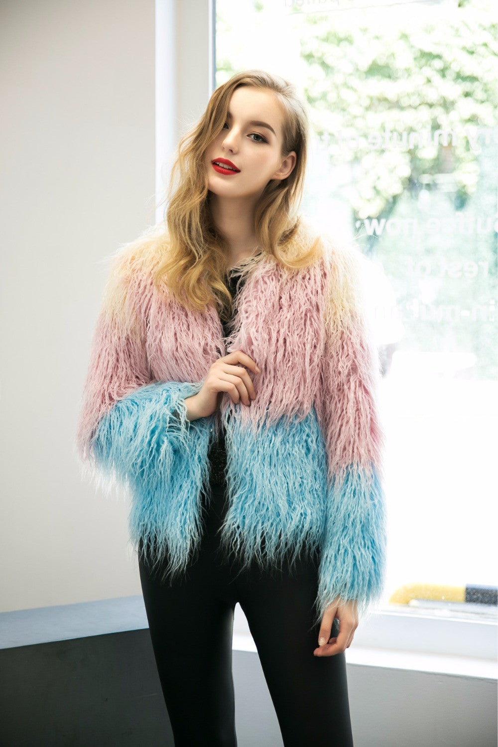 Luxury Faux Fur Coat Mix Color Shaggy Jacket