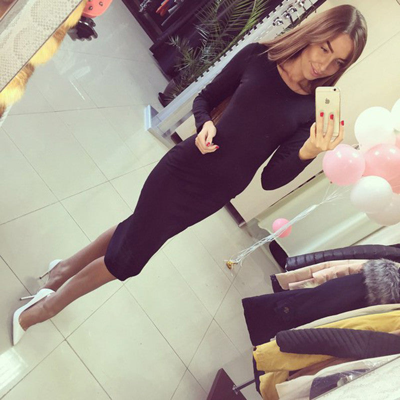 Cotton Long Sleeve Knee Length Midi Dress Slim Bodycon Bandage Autumn Black Wine Red Women Dresses Bandage Q0001 - CelebritystyleFashion.com.au online clothing shop australia