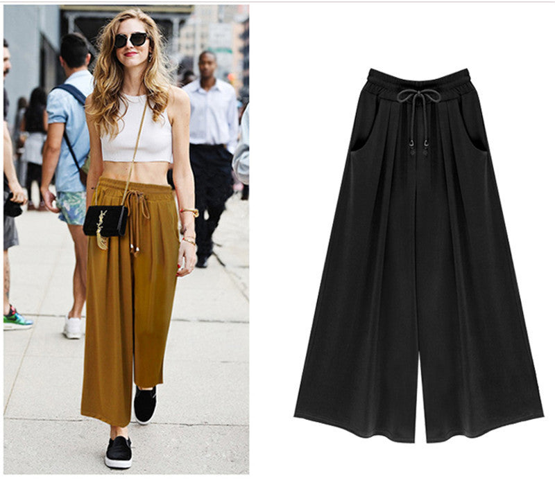 Womens Elastic Waist Pants with Pockets Casual Solid Color Loose Cropped  Trousers Wide Leg Capri Pants (Black, S) at  Women's Clothing store