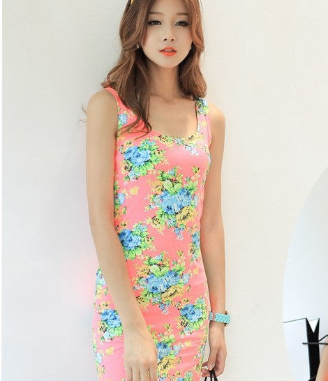 designer sexy Sleeveless O-neck Floral Above-knee Length Short Bodycon Womens Print Tank Dress Sale - CelebritystyleFashion.com.au online clothing shop australia